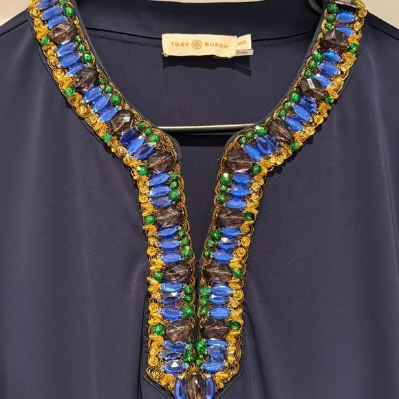 Tory Burch Navy dress with unique colored jewel collar. Size medium. - Picture 2 of 4